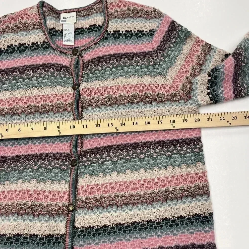 vtg KORET Boho Wool Mohair Cardigan Sweater Sz L Button Up Multicolor